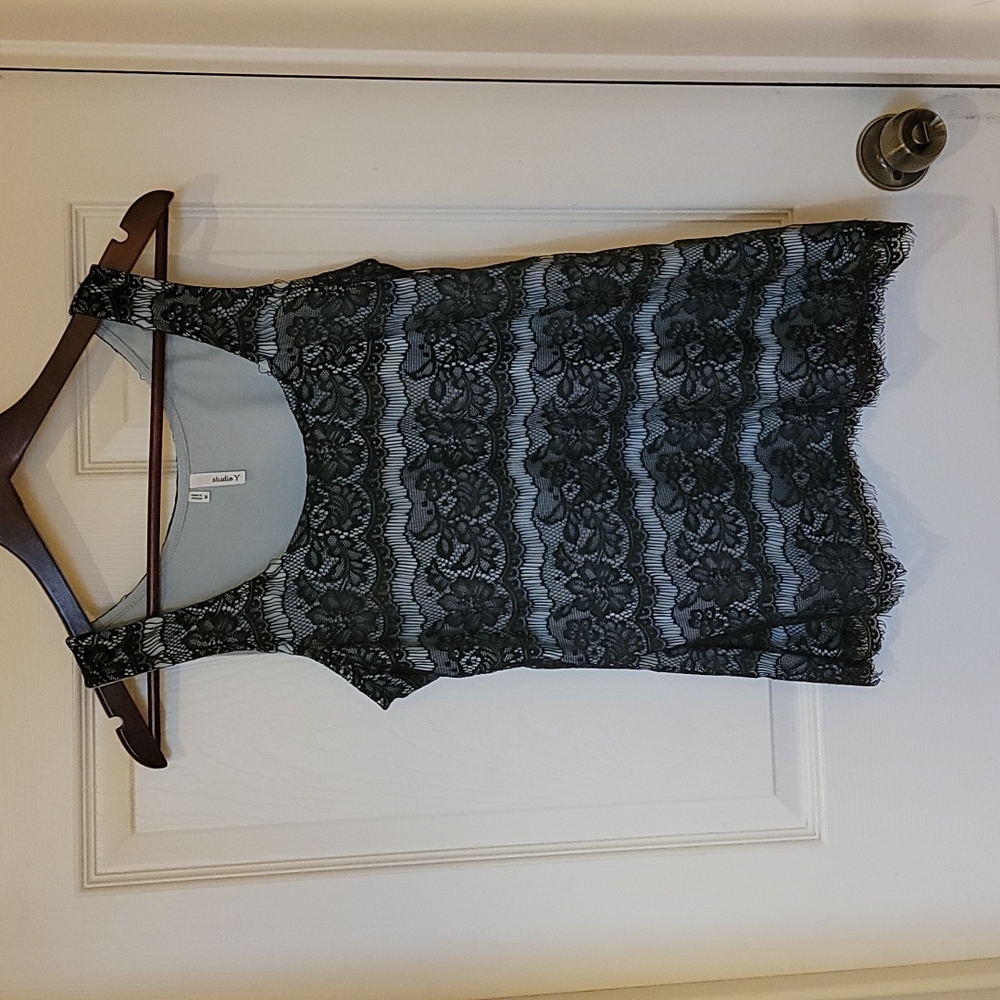 Studio Y brand tank, light blue with black lace overlay, size M